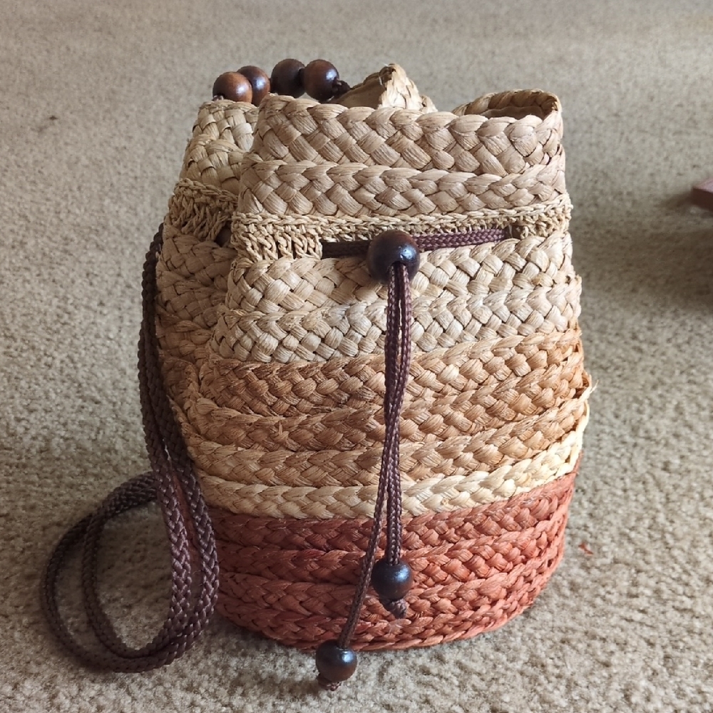 Handcrafted Woven Straw Bucket Bag Convertible Straps